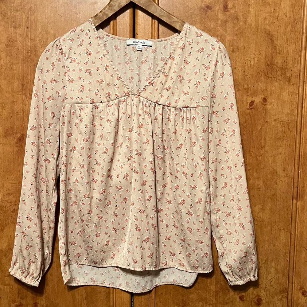 Madewell Puff Sleeve Satin V-Neck Floral Summer Blouse Size XS